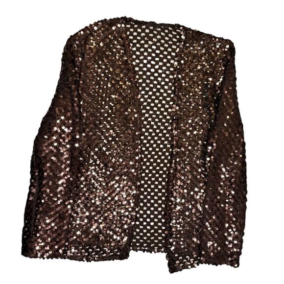 Brown Sequin Open Knit Jacket Cardigan M/L Crochet Glam Preppy Disco Dramatic - Picture 6 of 10